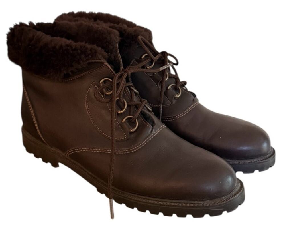 La Canadianne Brown Shearling Lined Leather Ankle Boots Lace Up Lug Sole Sz 9N